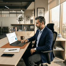 Pakistani business owner reviewing SEO results on laptop in Lahore office