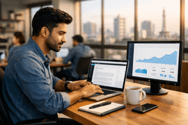 Professional content writer in Lahore Pakistan working on SEO optimized blog post with Google Analytics traffic data on second monitor in a modern coworking space