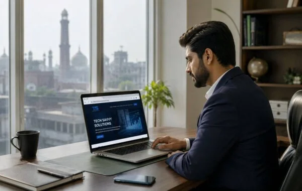 Business owner reviewing professional web design services in Lahore on laptop
