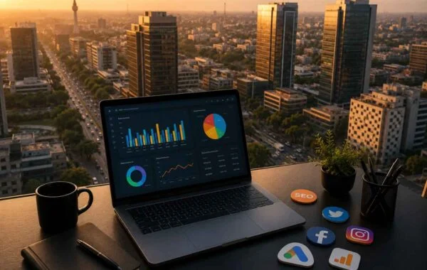 A modern Lahore business district at golden hour with a digital marketing analytics dashboard on a laptop, representing top ad agencies in Lahore managing SEO, paid ads, and social media in 2026.