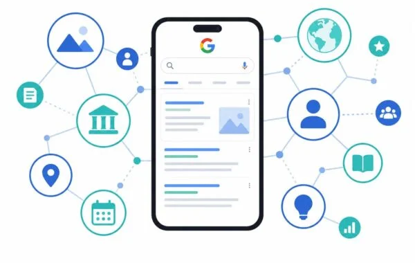 Illustration showing a smartphone with Google search results connected to topic nodes and entity bubbles, representing semantic SEO for Pakistani businesses