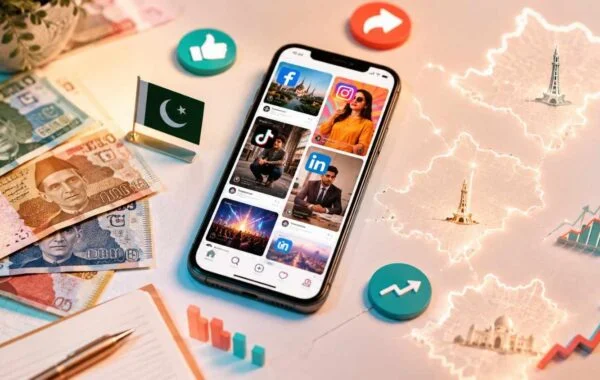 A smartphone displaying Facebook, Instagram, TikTok, and LinkedIn social media feeds surrounded by digital marketing icons and Pakistani rupee notes, representing social media marketing services for Pakistani businesses in 2026.