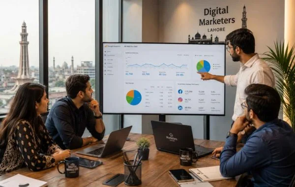 Team of digital marketing professionals reviewing campaign analytics at a Lahore agency