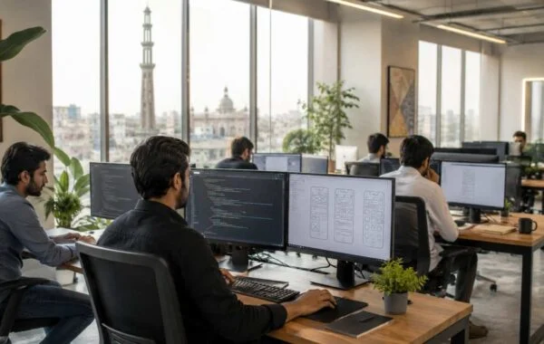 Web development team working in a modern Lahore software house office